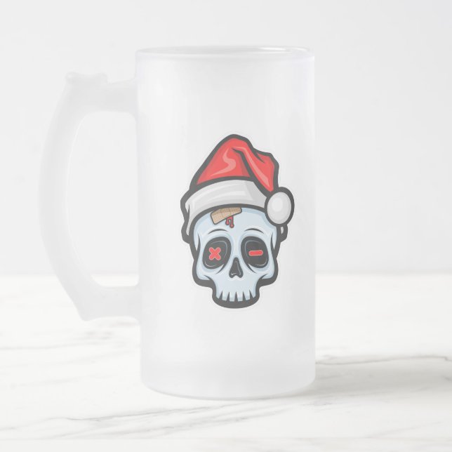 Funny Christmas Skull, Cartoon Style Frosted Glass Beer Mug (Left)