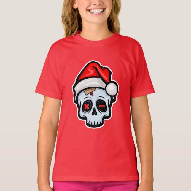 Funny Christmas Skull, Cartoon Style T-Shirt (Front)