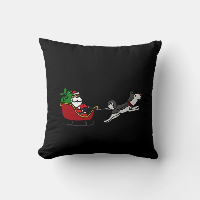 Funny Christmas Sleigh and Husky Dog Throw Pillow (Front)