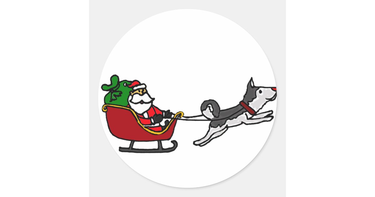 Funny Christmas Sleigh with Husky Dog Pulling Classic Round Sticker ...