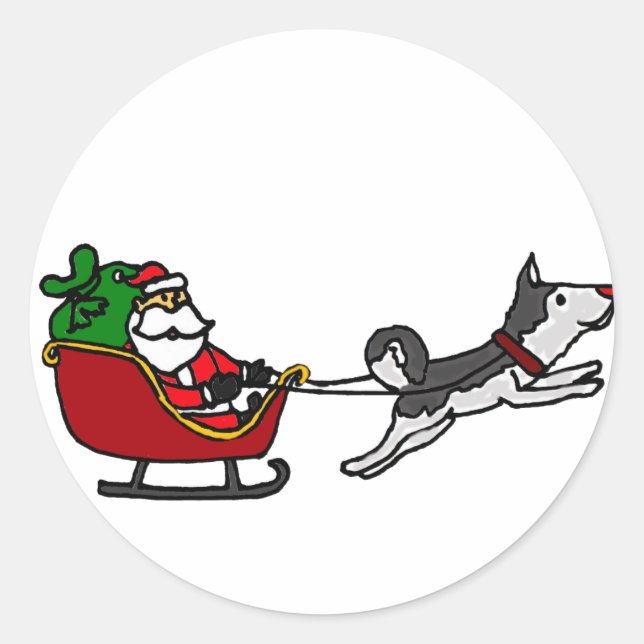 Funny Christmas Sleigh with Husky Dog Pulling Classic Round Sticker (Front)