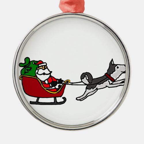 Funny Christmas Sleigh with Husky Dog Pulling Metal Ornament