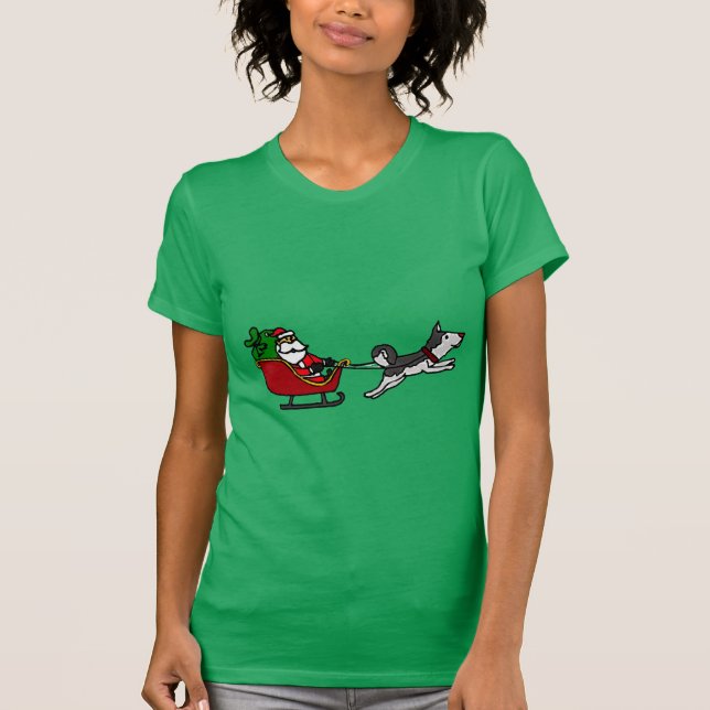 Funny Christmas Sleigh with Husky Dog Pulling T-Shirt (Front)
