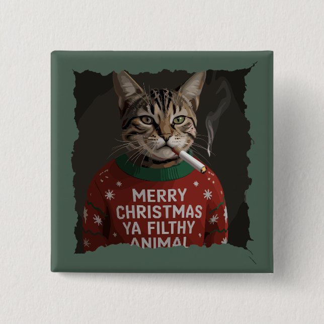 Funny Christmas Smoking Cat Sarcastic Holiday Meme Button (Front)