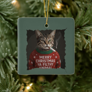 Funny Christmas Smoking Cat Sarcastic Holiday Meme Ceramic Ornament