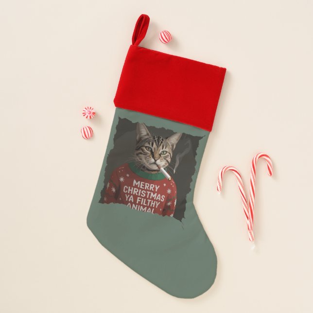 Funny Christmas Smoking Cat Sarcastic Holiday Meme Stocking (Front)