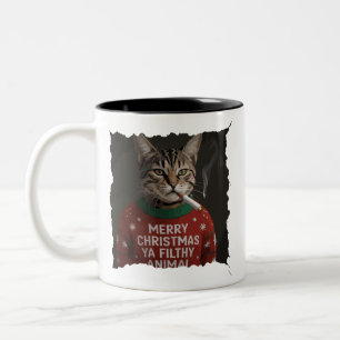 Funny Christmas Smoking Cat Sarcastic Holiday Meme Two-Tone Coffee Mug