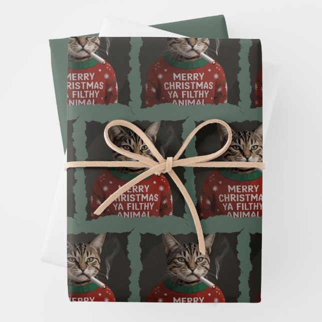 Funny Christmas Smoking Cat Sarcastic Holiday Meme Wrapping Paper Sheets (In situ)