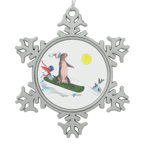 Funny Christmas Snowboarding Otter Holiday Design Snowflake Pewter Christmas Ornament