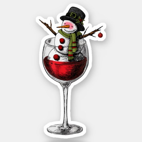 Funny Christmas Snowman in a Wine Glass Xmas Sticker