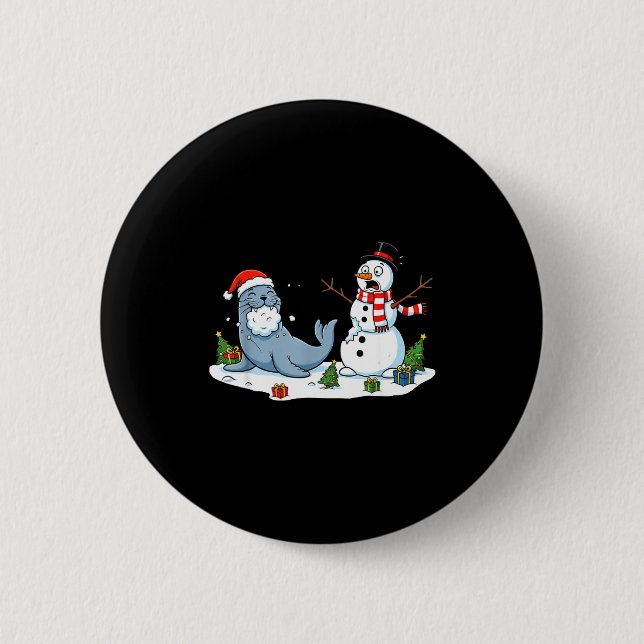 Funny Christmas Snowman Sea Lion Xmas Mens Womens  Button (Front)