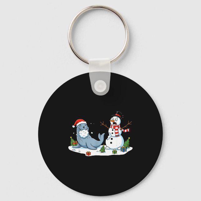 Funny Christmas Snowman Sea Lion Xmas Mens Womens  Keychain (Front)