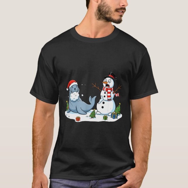 Funny Christmas Snowman Sea Lion Xmas Mens Womens  T-Shirt (Front)