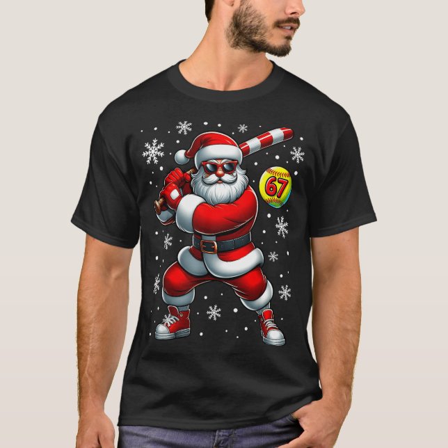 Funny Christmas Softball Cool Santa Claus 6 7 Meme T-Shirt (Front)