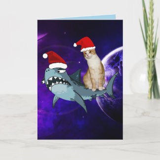 FUNNY CHRISTMAS SPACE CAT & SHARK GREETING CARD