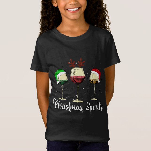 Funny Christmas Spirits Glasses Of Wine Xmas Pajam T-Shirt (Front)