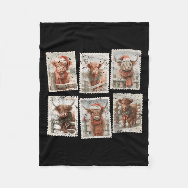 Funny Christmas Stamp Highland Cow Lover Merry Xma Fleece Blanket (Front)