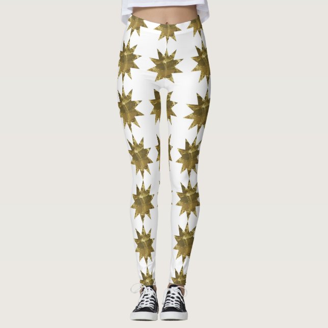 Funny Christmas Stars Gold White Leggings (Front)