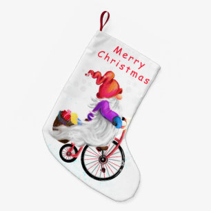 Funny Christmas Stocking Gnome with Bike and Gift