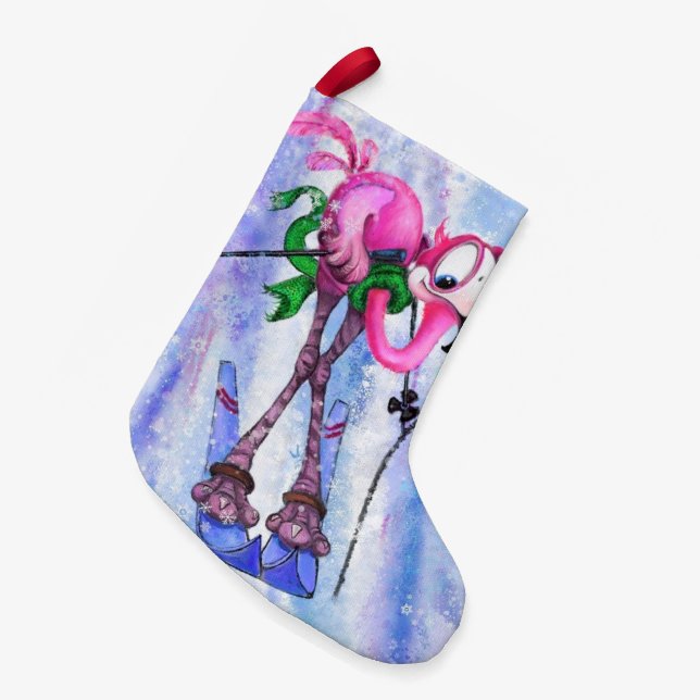 Funny Christmas Stocking with Pink Flamingo Skier (Front (Hanging))