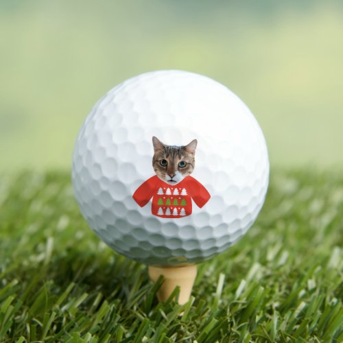 Funny Christmas Sweater Cat Face Photo Golf Balls