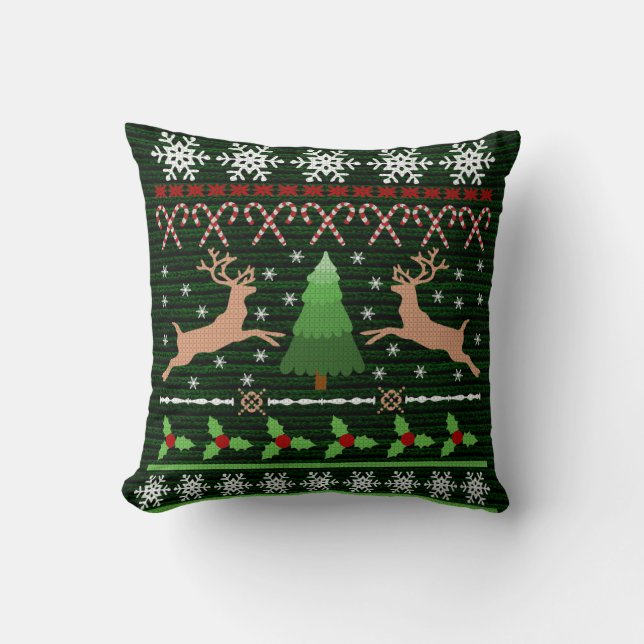 Funny Christmas Sweater Holiday Reindeer Throw Pillow (Front)