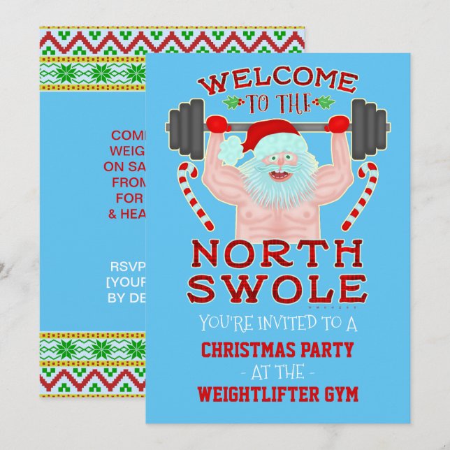 Funny Christmas Swole Santa Weightlifter Gym Party Invitation (Front/Back)