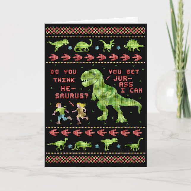 Funny Christmas T Rex Dinosaur Pun Humor Faux Knit Card (Front)