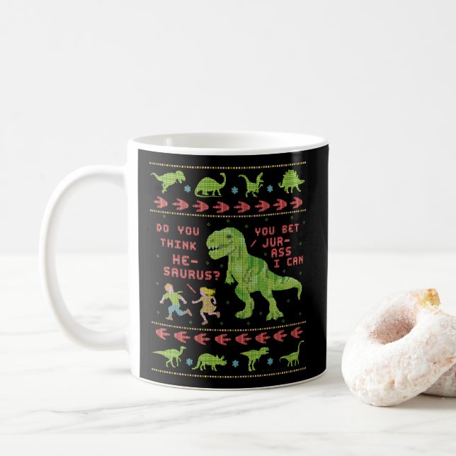 Funny Christmas T Rex Dinosaur Pun Humor Faux Knit Coffee Mug (With Donut)