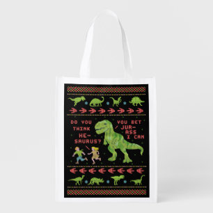Funny Christmas T Rex Dinosaur Pun Humor Faux Knit Grocery Bag