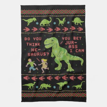 Funny Christmas T Rex Dinosaur Pun Humor Faux Knit Kitchen Towel by FunnyTShirtsAndMore at Zazzle
