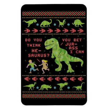 Funny Christmas T Rex Dinosaur Pun Humor Faux Knit Magnet by FunnyTShirtsAndMore at Zazzle