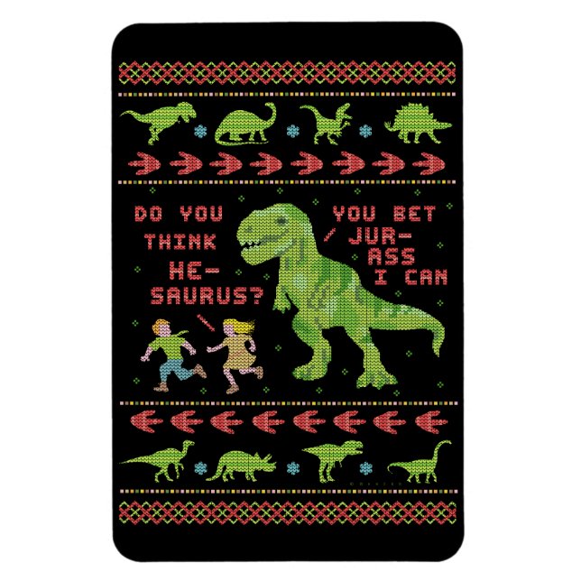 Funny Christmas T Rex Dinosaur Pun Humor Faux Knit Magnet (Vertical)