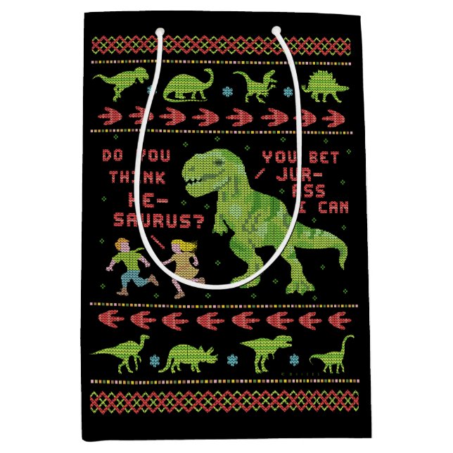 Funny Christmas T Rex Dinosaur Pun Humor Faux Knit Medium Gift Bag (Front)