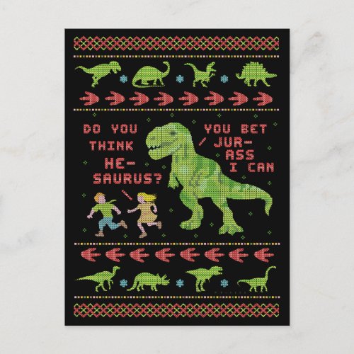 Funny Christmas T Rex Dinosaur Pun Humor Faux Knit Postcard