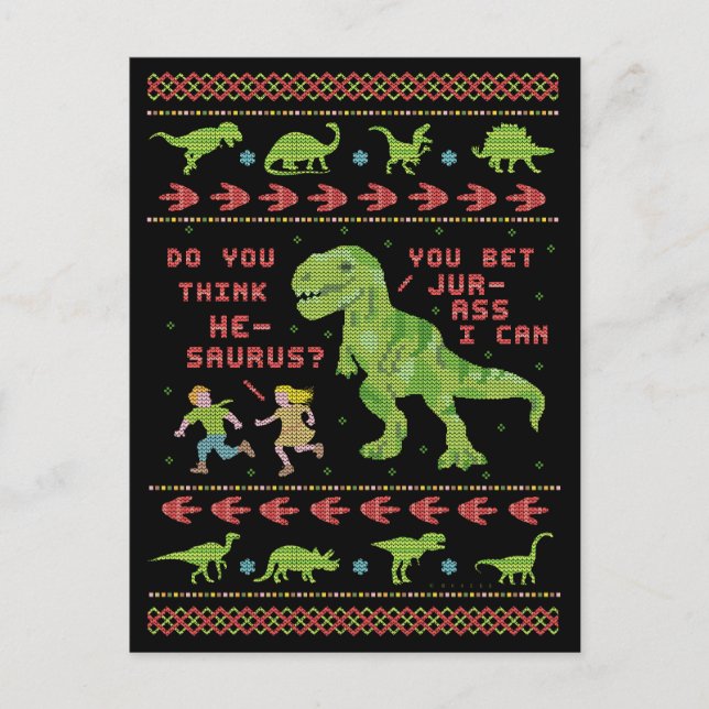Funny Christmas T Rex Dinosaur Pun Humor Faux Knit Postcard (Front)