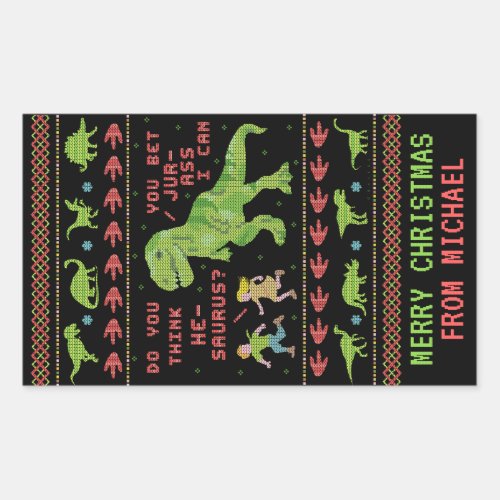 Funny Christmas T Rex Dinosaur Pun Humor Faux Knit Rectangular Sticker