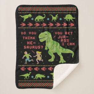 Funny Christmas T Rex Dinosaur Pun Humor Faux Knit Sherpa Blanket