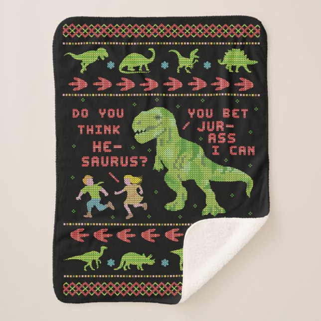 Funny Christmas T Rex Dinosaur Pun Humor Faux Knit Sherpa Blanket (Front)