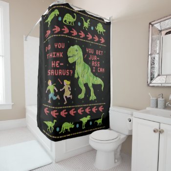 Funny Christmas T Rex Dinosaur Pun Humor Faux Knit Shower Curtain by FunnyTShirtsAndMore at Zazzle