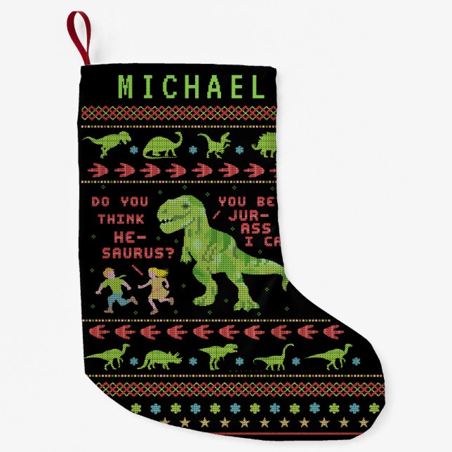 Funny Christmas T Rex Dinosaur Pun Humor Faux Knit Small Christmas Stocking (Front)