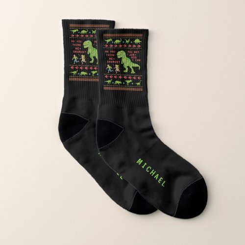 Funny Christmas T Rex Dinosaur Pun Humor Faux Knit Socks