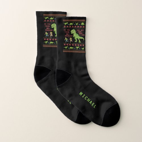 Funny Christmas T Rex Dinosaur Pun Humor Faux Knit Socks