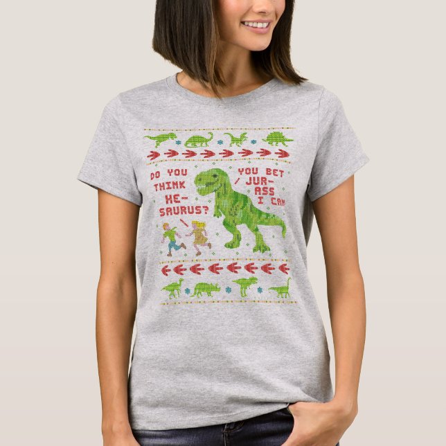 Funny Christmas T Rex Dinosaur Pun Humor Faux Knit T-Shirt (Front)