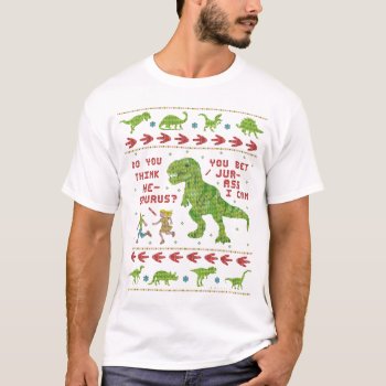 Funny Christmas T Rex Dinosaur Pun Humor Faux Knit T-shirt by FunnyTShirtsAndMore at Zazzle