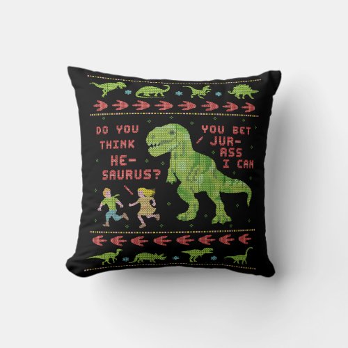 Funny Christmas T Rex Dinosaur Pun Humor Faux Knit Throw Pillow