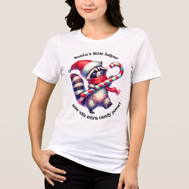 Funny Christmas tee: candy-cane raccoon Tri-Blend Shirt (Front)