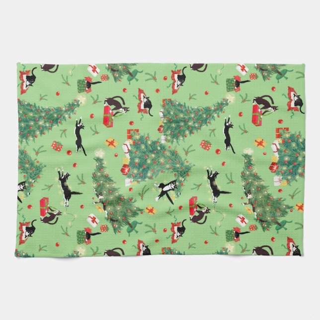 Funny Christmas Tree Cat Kitchen Towel (Horizontal)
