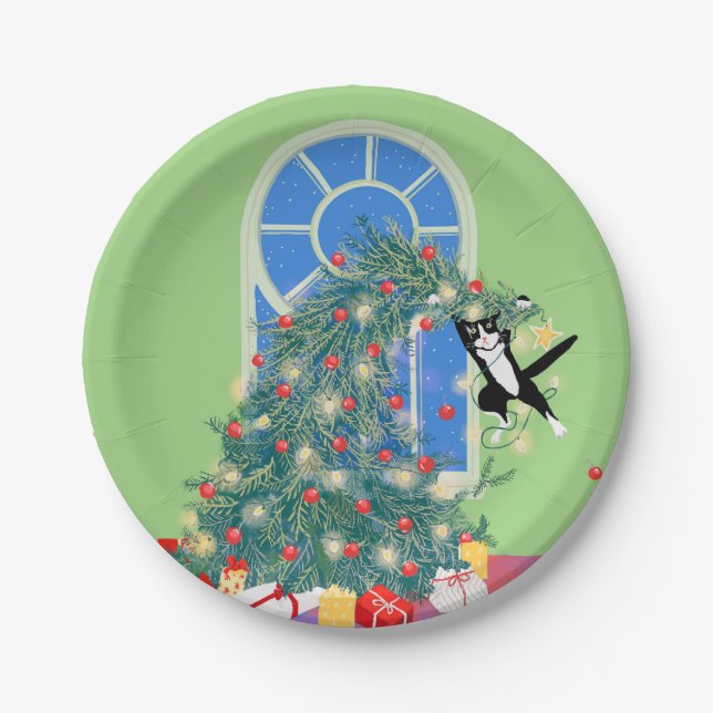 Funny Christmas Tree cat Paper Plates (Front)