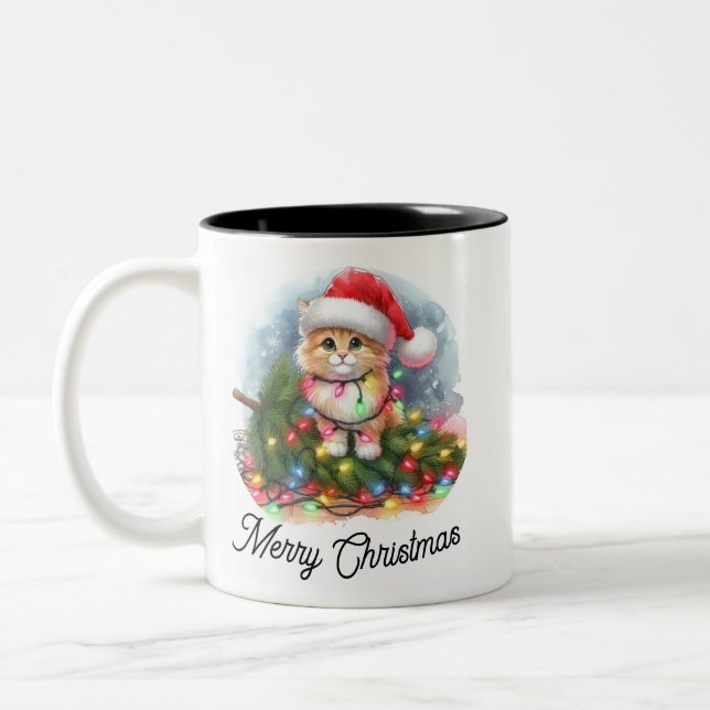 Funny Christmas Tree Conqueror Santa Cat Two-Tone Coffee Mug (Left)